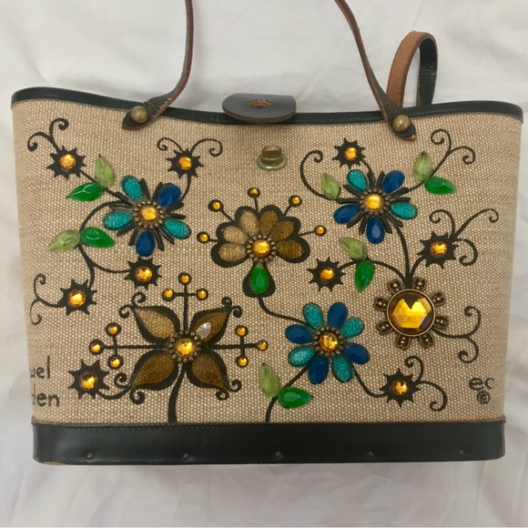 SOLD - Vintage 1960s Signed Enid Collins Canvas Bucket Bag | Jewel Garden - Picture 5 of 9